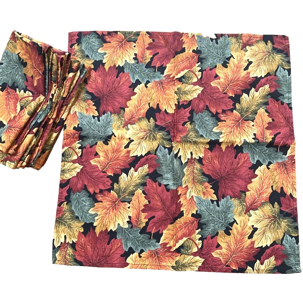 Vintage Cloth Napkins Set of 6 Autumn Leaves Design Cotton Square Red Green Gold